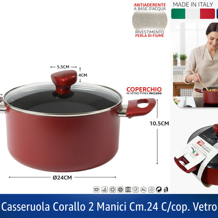 Casseruola 24cm Corallo Accademia Mugnano con Coperchio Pyrex | Pentola Antiaderente in Alluminio Made in Italy Accademia Mugnano