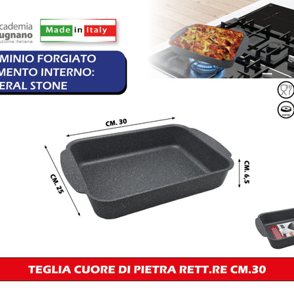 Accademia Mugnano Teglia Da Forno Cuore Di Pietra In Alluminio Forgiato Con Rivestimento Mineral Stone E Fondo In Acciaio Inox, Compatibile Induzione, Gas Ed Elettrico 30x25x6,5h Accademia Mugnano