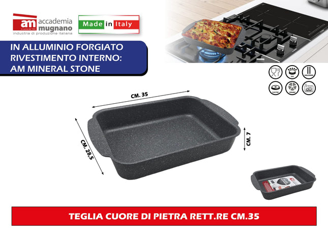 Accademia Mugnano Teglia Da Forno Cuore Di Pietra In Alluminio Forgiato Con Rivestimento Mineral Stone E Fondo In Acciaio Inox, Compatibile Induzione, Gas Ed Elettrico 35x28,5x7h Accademia Mugnano