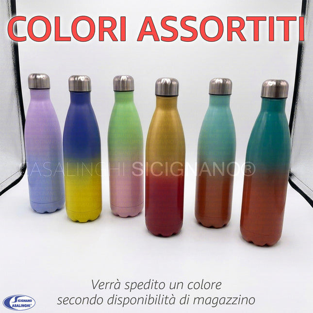 Arca Borraccia Termica in Acciaio Inox 0,75L e 1L – Doppia Parete, Tenuta Ermetica, Colori Degradé Assortiti Arca