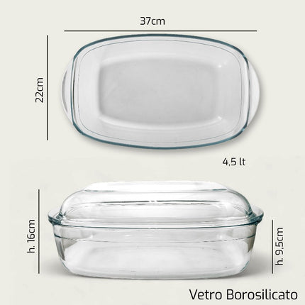 Teglia Vetro Rett.Re Con Coperchio Cm.39X22X16H Arca