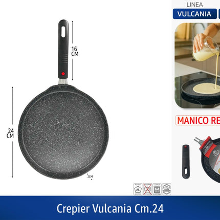 Arca Crepier Vulcania in Alluminio, 24 cm o 28 cm, Padella per Crêpes con Manico Removibile 24 cm Arca