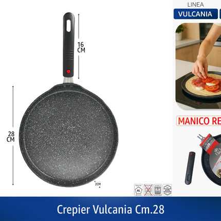 Arca Crepier Vulcania in Alluminio, 24 cm o 28 cm, Padella per Crêpes con Manico Removibile 28 cm Arca