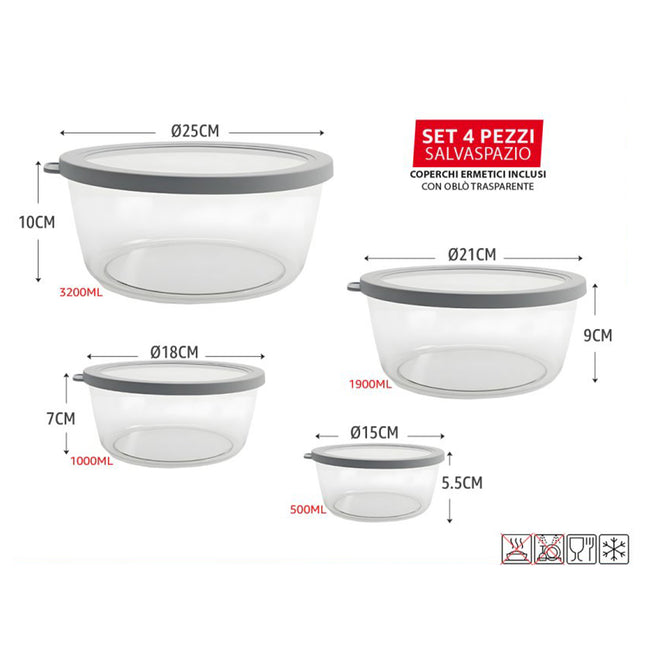 Arca Set 4 Contenitori Frigo Tondi Fresko in PET con Coperchio Ermetico Trasparente | Colori Assortiti Arca