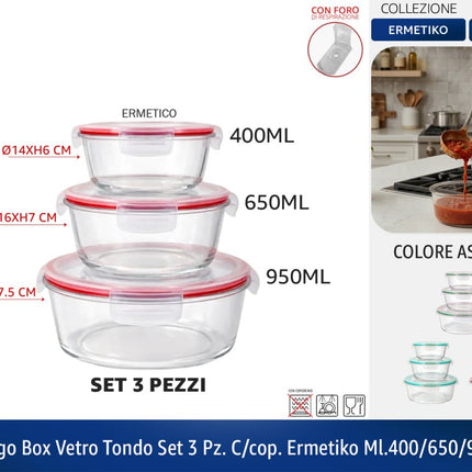 Set 3 Contenitori Vetro Ermetici Meal Prep – Frigo Box Forno Freezer Tondo Arca