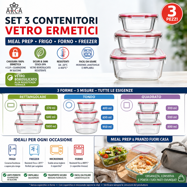 Set 3 Contenitori Vetro Ermetici Meal Prep – Frigo Box Forno Freezer Arca