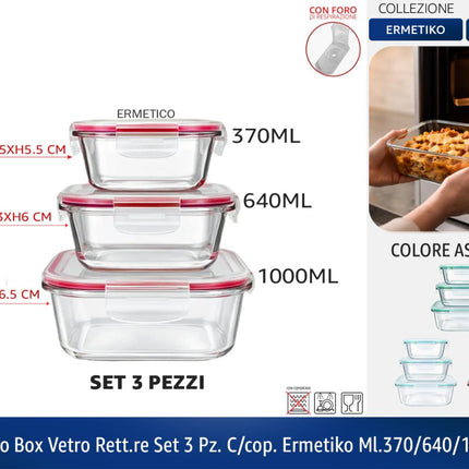 Set 3 Contenitori Vetro Ermetici Meal Prep – Frigo Box Forno Freezer Rettangolare Arca