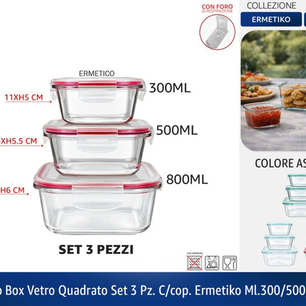 Set 3 Contenitori Vetro Ermetici Meal Prep – Frigo Box Forno Freezer Quadrato Arca
