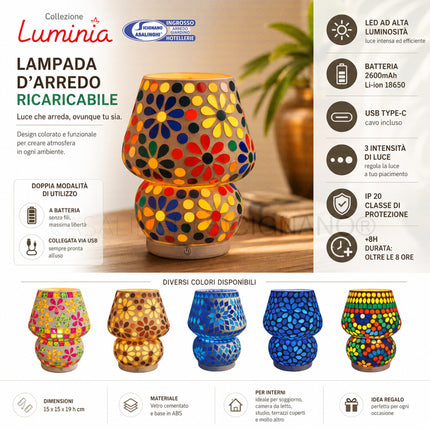 Luminìa Lampada da Tavolo LED Ricaricabile – 3 Intensità di Luce, USB Type‑C, Batteria 2600 mAh, 15 x 15 x 19 cm, IP20 per Interni Arca