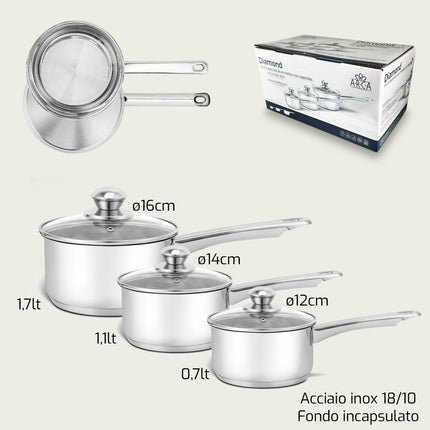 Set 3 Casseruole in Acciaio Inox 18/10 con 1 Manico e Coperchio in Vetro – Ø12/14/16 cm, Fondo Incapsulato per Induzione Arca