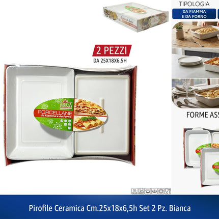 Piroteca in Ceramica Bianca – Set 2 Pezzi + Formati Singoli, Versatili e Resistenti! 25 x 18 x 6.5h cm (2pz) Arca