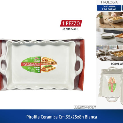 Piroteca in Ceramica Bianca – Set 2 Pezzi + Formati Singoli, Versatili e Resistenti! 35 x 25 x 8h cm Arca