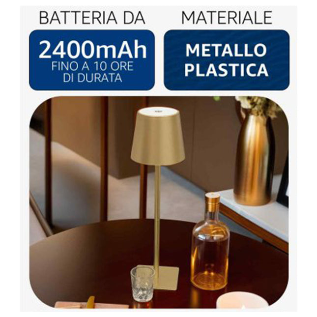 ARCA Lampada da Tavolo Scomponibile Oro 2 in 1 Touch Ricaricabile | Lampada da Bottiglia a LED a 3 Colori per Interno ed Esterno Arca