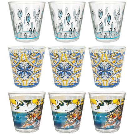 Arca Set 6/12/18 Bicchieri in Vetro, 325ml, Decorazioni Artistiche Vietri, Amalfi e Fish, Lavabili in Lavastoviglie Arca