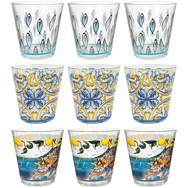 Arca Set 6/12/18 Bicchieri in Vetro, 325ml, Decorazioni Artistiche Vietri, Amalfi e Fish, Lavabili in Lavastoviglie Arca