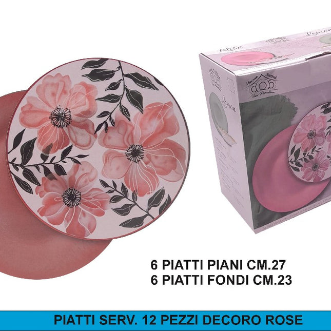 Arca Servizio Piatti 12 Pezzi Rose – Set in Porcellana per 6 Persone, Decoro Floreale Rosa, Lavastoviglie e Microonde Arca