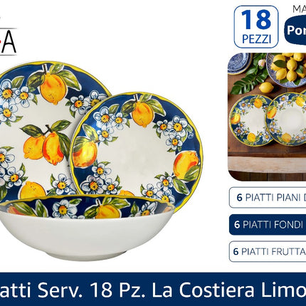 Servizio Piatti ARCA Costiera Limoni – Set 18 Pezzi in Porcellana (6 Persone) per Uso Quotidiano, Lavabili in Lavastoviglie Arca