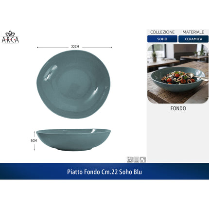 Arca Piatto Fondo/Piano/Dessert Linea Soho - Colori Blu | Acqua Marina | Tortora Blu Piatto Fondo CM.22 Arca