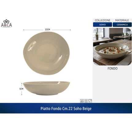 Arca Piatto Fondo/Piano/Dessert Linea Soho - Colori Blu | Acqua Marina | Tortora Beige Piatto Fondo CM.22 Arca