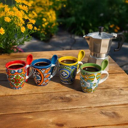 Arca Tazzina Caffè Espresso con Cucchiaino Coordinato – Decorazioni Assortite – Idea Regalo per Pausa Caffè e Colazione Arca