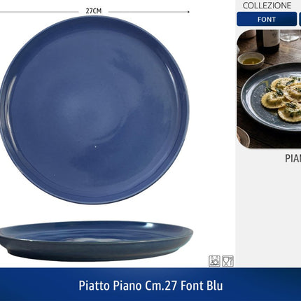 Set Piatti Font 18 Pezzi in Ceramica Colorati | Servizio Piatti Moderni da Tavola per 6 Persone | Disponibile Singolo o in Set (Blu, Tortora, Acqua Marina) Blu Piatto Piano CM.27 Arca
