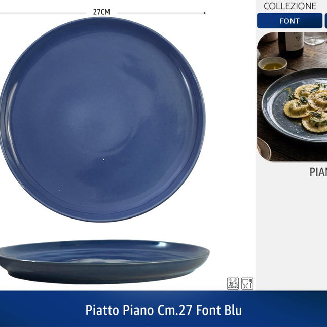 Set Piatti Font 18 Pezzi in Ceramica Colorati | Servizio Piatti Moderni da Tavola per 6 Persone | Disponibile Singolo o in Set (Blu, Tortora, Acqua Marina) Blu Piatto Piano CM.27 Arca