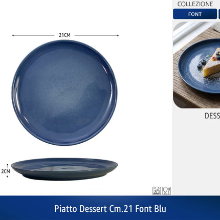 Set Piatti Font 18 Pezzi in Ceramica Colorati | Servizio Piatti Moderni da Tavola per 6 Persone | Disponibile Singolo o in Set (Blu, Tortora, Acqua Marina) Blu Piatto Dessert CM.21 Arca