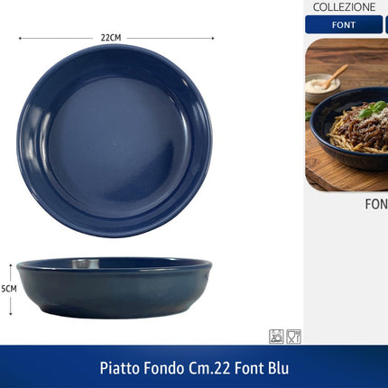 Set Piatti Font 18 Pezzi in Ceramica Colorati | Servizio Piatti Moderni da Tavola per 6 Persone | Disponibile Singolo o in Set (Blu, Tortora, Acqua Marina) Blu Piatto Fondo CM.22 Arca