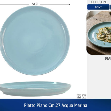 Set Piatti Font 18 Pezzi in Ceramica Colorati | Servizio Piatti Moderni da Tavola per 6 Persone | Disponibile Singolo o in Set (Blu, Tortora, Acqua Marina) Acqua Marina Piatto Piano CM.27 Arca