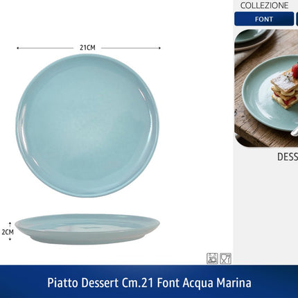 Set Piatti Font 18 Pezzi in Ceramica Colorati | Servizio Piatti Moderni da Tavola per 6 Persone | Disponibile Singolo o in Set (Blu, Tortora, Acqua Marina) Acqua Marina Piatto Dessert CM.21 Arca