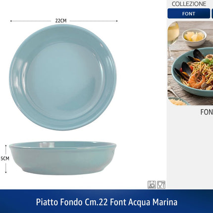 Set Piatti Font 18 Pezzi in Ceramica Colorati | Servizio Piatti Moderni da Tavola per 6 Persone | Disponibile Singolo o in Set (Blu, Tortora, Acqua Marina) Acqua Marina Piatto Fondo CM.22 Arca