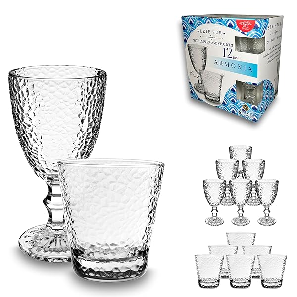 Arca Set Calici e Bicchieri 12 Pezzi (6 Vino + 6 Acqua) - Vetro Trasparente Lavorato 30cl - Resistente Lavastoviglie - Idea Regalo Casa Arca