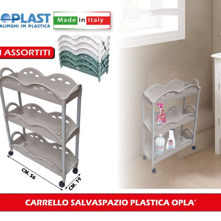 Astroplast Carrello Salvaspazio Oplà in Plastica, 3 Ripiani con Ruote per Casa, Bagno e Cucina, 56x19x68 cm, Colori Assortiti, Made in Italy