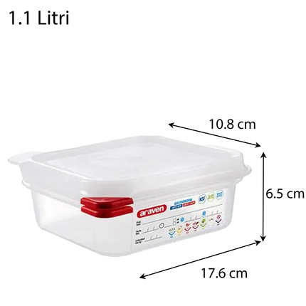 Contenitore Araven Gastronorm Per Alimenti Ermetico Doppia Guarnizione Apertura Semplice 17.6×16.2×6.5 cm Araven