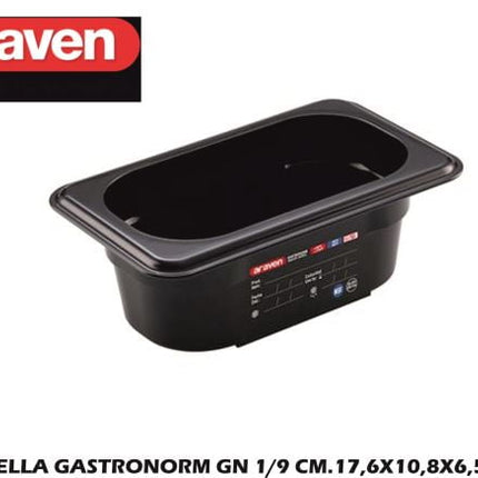 Bacinella Gastronorm GN 1/9 in materiale nero con dimensioni 17,6x10,8 cm e altezze multiple Araven