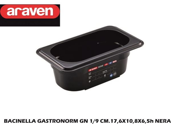 Bacinella Gastronorm GN 1/9 in materiale nero con dimensioni 17,6x10,8 cm e altezze multiple Araven