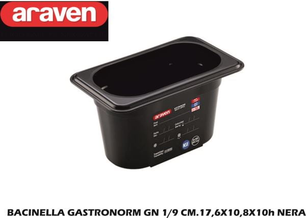 Bacinella Gastronorm GN 1/9 in materiale nero con dimensioni 17,6x10,8 cm e altezze multiple 10 cm Araven