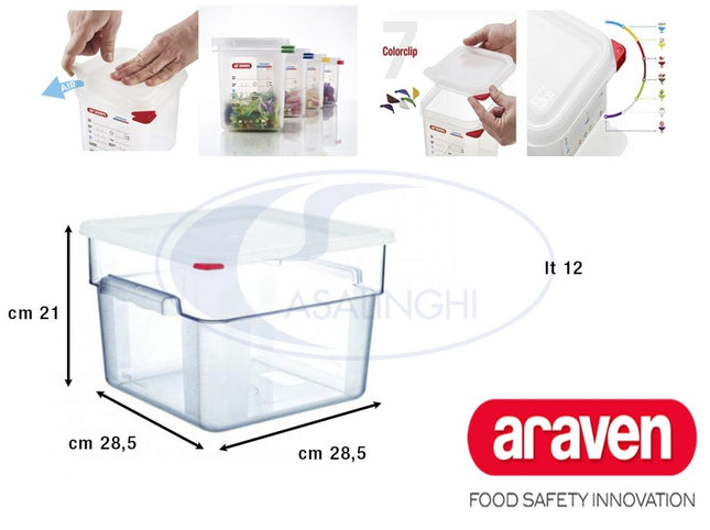 Contenitore in Policarbonato con Coperchio Cm 28,5x28,5 H con Diverse Capacità Lt 12 L Araven
