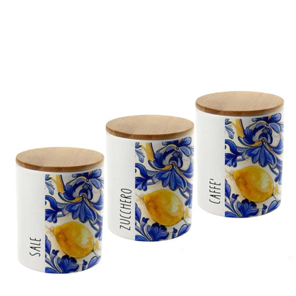 Set 3 Barattoli Ceramica Decoro Limoni con Tappo in Legno – Sale Zucchero Caffè Gicos