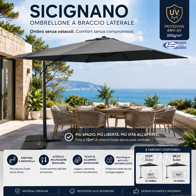 Ombrellone a Braccio Laterale Sicignano | Copertura Outdoor Salvaspazio senza Palo Centrale | Telaio Alluminio Antiruggine e Telo Anti-UV 250g | Varianti Step 3x3m / Next 3x4m Salmar