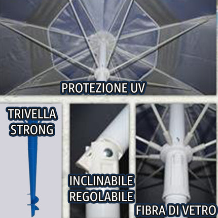 Kit Ombrellone Anti-UV Unicolor 200 cm + Picchetto e Gancio (Set Completo 3-in-1) Salmar