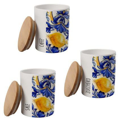 Set 3 Barattoli Ceramica Decoro Limoni con Tappo in Legno – Sale Zucchero Caffè Gicos
