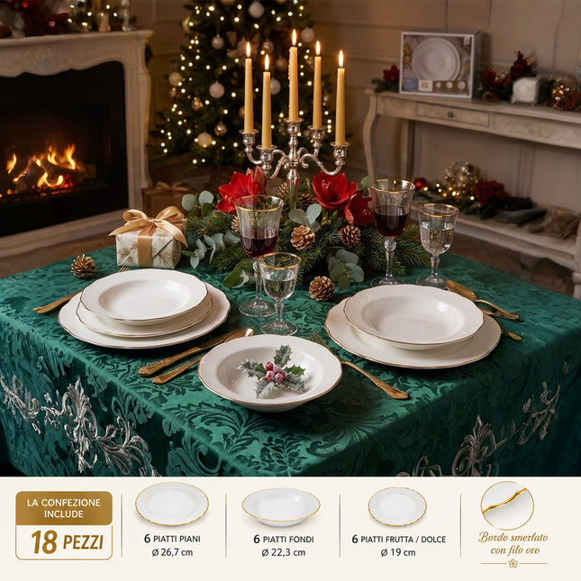 Servizio Piatti 18 Pezzi in Porcellana Adelia Gold Flower con Bordo Oro, Set Piatti Completo per 6 Persone con Piatti Piani, Fondi e Frutta Dolce, Design Classico Elegante per Casa e Feste General Trade
