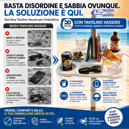 Due Esse Tavolino Vassoio per Ombrellone 37x37 cm – 8 Scomparti con Portabibite e Porta Smartphone, Foro Ø22-40 mm, Plastica Bianca per Spiaggia e Giardino Due Esse