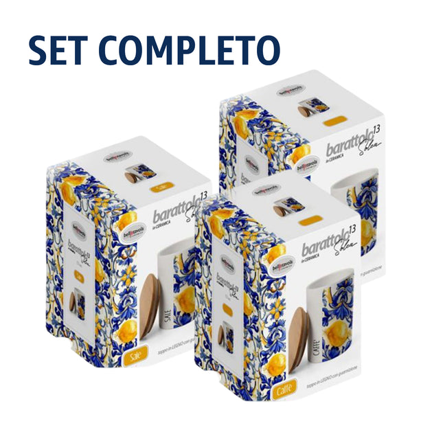 Set 3 Barattoli Ceramica Decoro Limoni con Tappo in Legno – Sale Zucchero Caffè Gicos