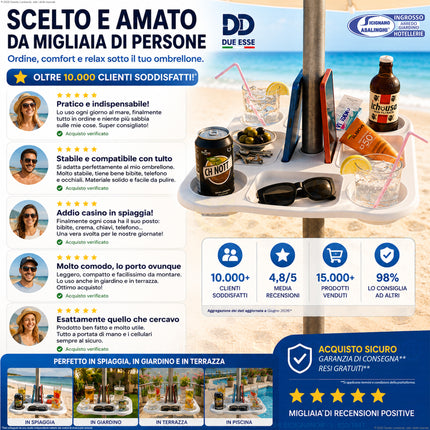 Due Esse Tavolino Vassoio per Ombrellone 37x37 cm – 8 Scomparti con Portabibite e Porta Smartphone, Foro Ø22-40 mm, Plastica Bianca per Spiaggia e Giardino Due Esse