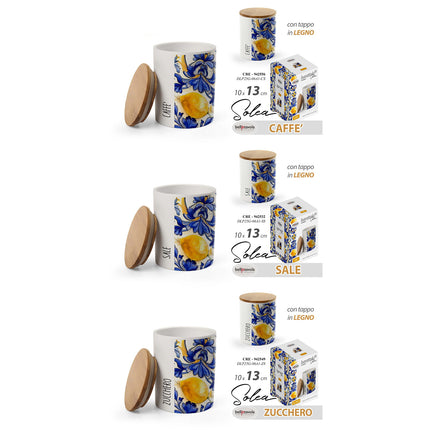 Set 3 Barattoli Ceramica Decoro Limoni con Tappo in Legno – Sale Zucchero Caffè Gicos