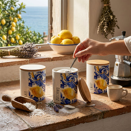 Set 3 Barattoli Ceramica Decoro Limoni con Tappo in Legno – Sale Zucchero Caffè Gicos