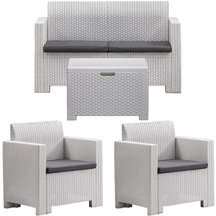 Bica Salotto Da Giardino Completo Nebraska Set Divano + Tavolino + 2 Poltrone Da Esterni Con Finitura Effetto Rattan Bianco Bica