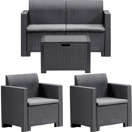 Bica Salotto Da Giardino Completo Nebraska Set Divano + Tavolino + 2 Poltrone Da Esterni Con Finitura Effetto Rattan Antracite Bica